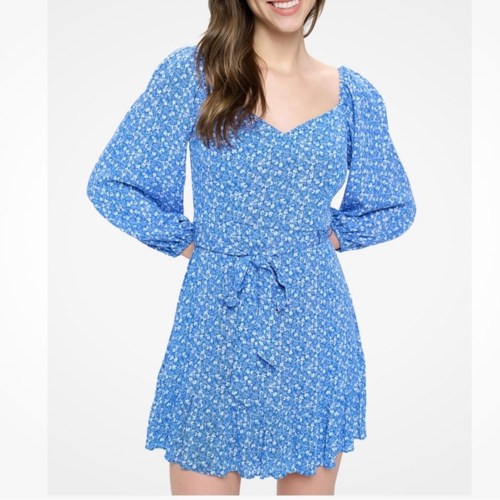 Blue floral long sleeve mini dress with tie waist